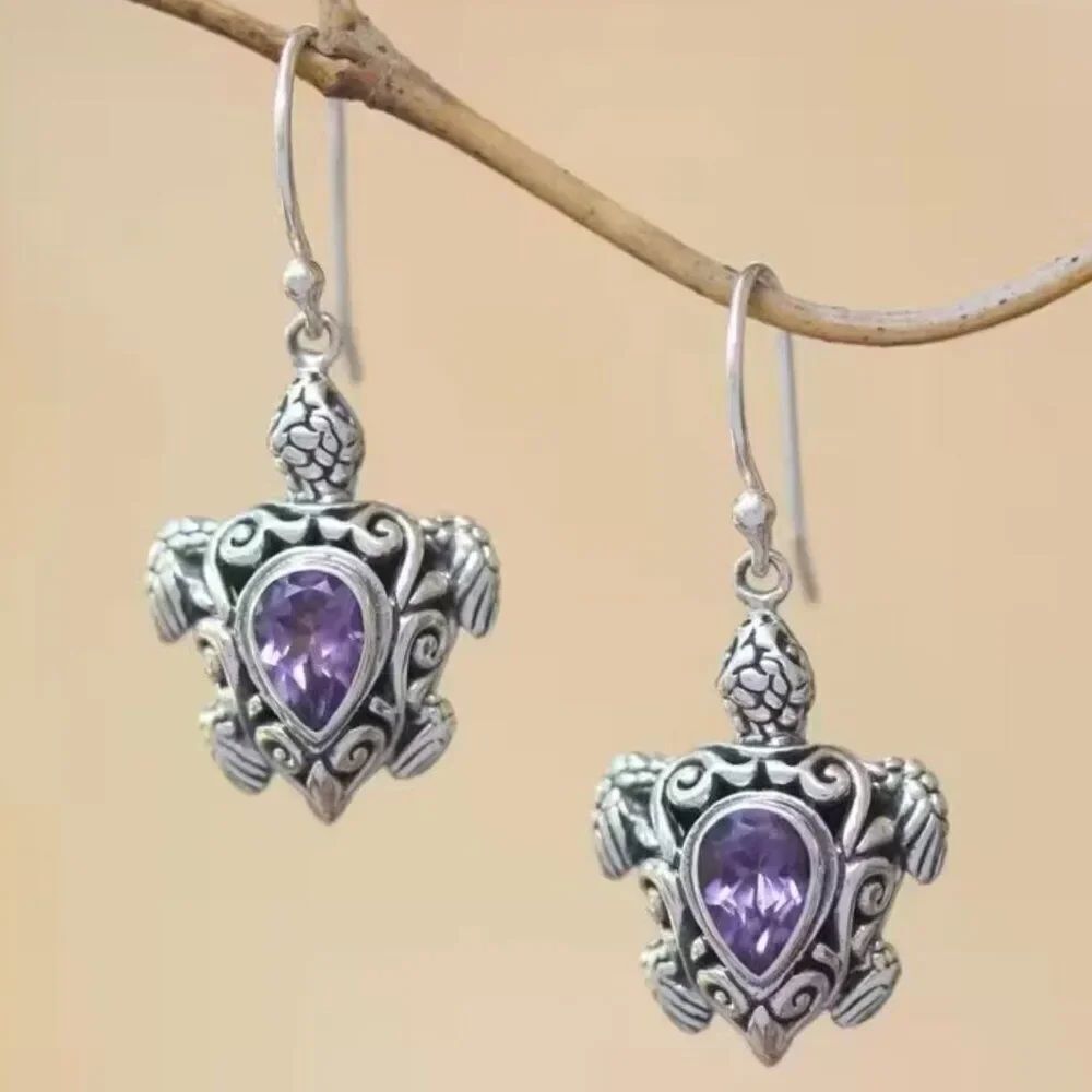 Turtle Pendant Earrings Vintage Inspired Purple Stone Longevity Wisdom Handmade